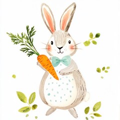 Fototapeta premium Adorable Watercolor Bunny Rabbit Holding a Carrot Easter Spring Illustration Cute Animal Art
