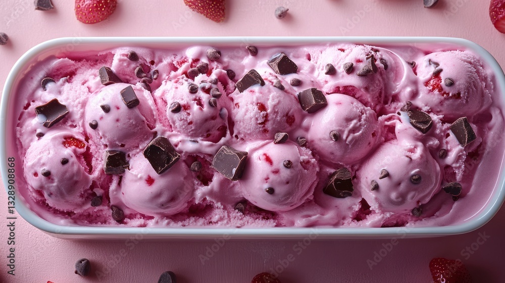 Poster top view of strawberry ice cream with chocolate chunks in a rectangular container on a light pink ba