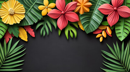 Obraz premium Colorful flowers and leaves create vibrant tropical background