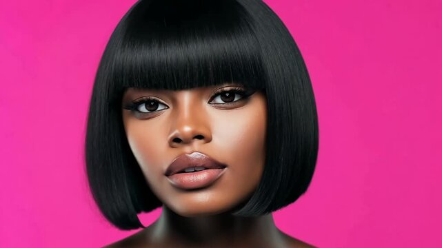 Woman with short black hair and a pink background. She has a nice smile and is looking at the camera