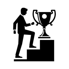 Person ascending stairs to trophy silhouette icon design, symbol of achievement and success, black color