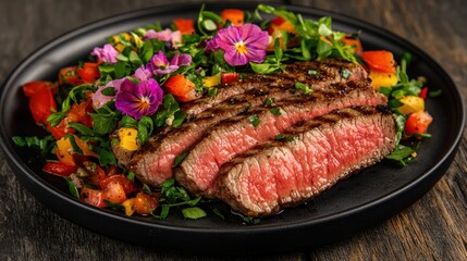 Artfully plated steak and fresh vegetable salad
