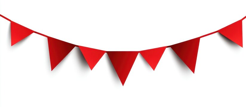 A string of red triangle shaped party flags on white