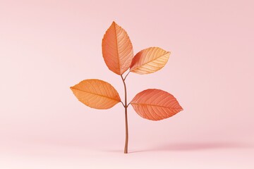 Obraz premium Autumn Leaves on Stem Against Pastel Pink Background Minimalist Style