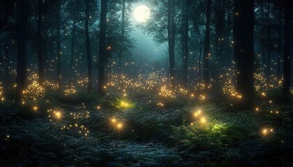 Mystical Forest at Night with Fireflies and Full Moon Glows