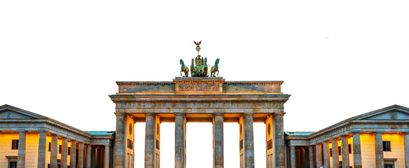 Panorama of Brandenburg gate illuminated at sunset, Berlin, Germany. Isolated on white or...