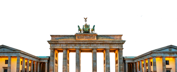 Panorama of Brandenburg gate illuminated at sunset, Berlin, Germany. Isolated on white or transparent background, png cut out