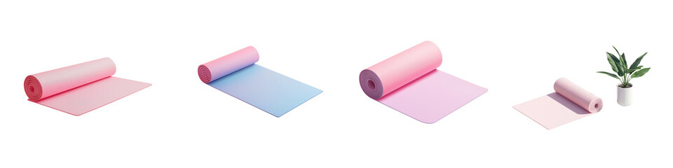 Assorted pastel colored yoga mats arranged in a minimalist setting creating a serene and inviting atmosphere for a calming exercise or meditation practice