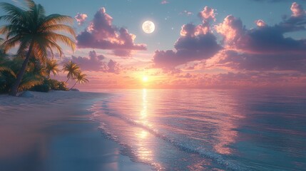 Tropical beach with palm trees at moonlit evening sky reflecting over calm ocean waters