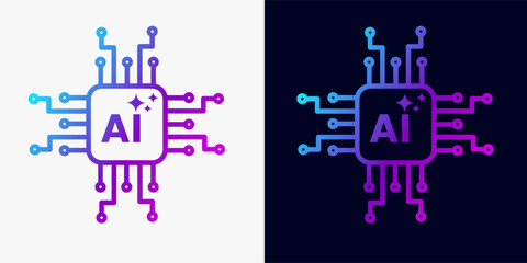 A blue and purple computer chip icon on a white and black background
