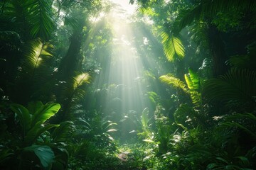 Fototapeta premium Rainforest Landscape in Kandy Sri Lanka Tropical Wilderness with Vibrant Green Foliage and Towering Trees