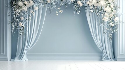 A light blue wedding stage with flowers and white curtains, surrounded by lilac roses and lavender floral decorations on the wall