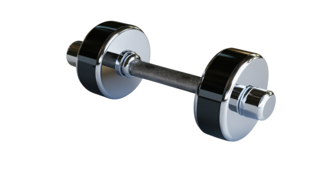 A shiny chrome dumbbell with a smooth, polished surface and black rubberized weight plates, isolated on a transparent background. 