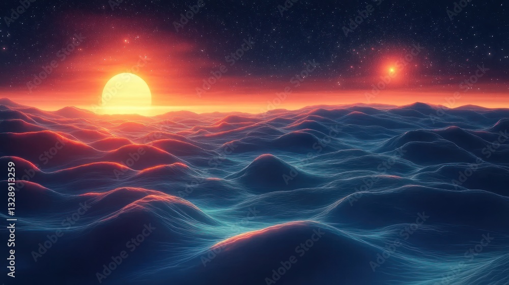 Poster mesmerizing outer space landscape with glowing orange sun and flowing light patterns