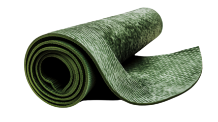 "A rolled-up yoga mat with a rich green color and a subtle texture, isolated on a transparent background. The mat is tightly coiled, with the ends visible 
