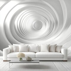 Abstract white concentric circles wall mural.  Modern, minimalist living room