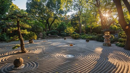 Serene Japanese Zen Garden at Sunset with Raked Sand Patterns and Lush Greenery in Background