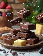 Dark Chocolate Bar Broken in Air Isolated on White Background