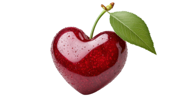 Close-up of a heart-shaped cherry, with a shiny deep red surface, fresh green stem, and a vivid green leaf, isolated on a transparent background, emphasizing its ripe, juicy - Powered by Adobe