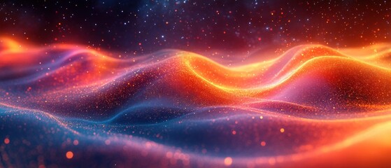 Obraz premium Surreal Outer Space Landscape with Swirling Waves and Glowing Golden Core