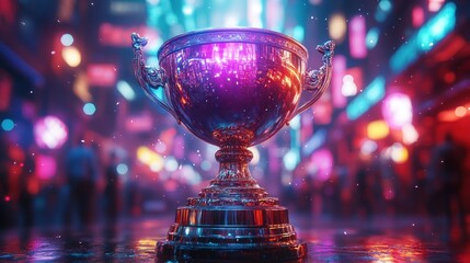 Champion's Trophy Shines Bright on Esports Championship Stage with Futuristic Neon Lights and Dynamic Perspectives
