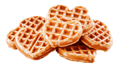 Close-up shot of heart-shaped waffles stacked in a perfect pile, with a warm, crispy texture and slight golden-brown color, isolated on a transparent background.