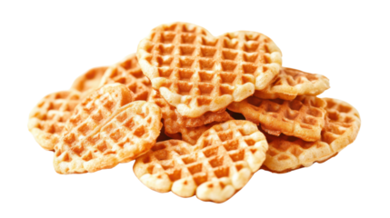 Close-up shot of heart-shaped waffles stacked in a perfect pile, with a warm, crispy texture and slight golden-brown color, isolated on a transparent background.