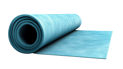 A soft, light blue yoga mat with a thick, cushioned texture, isolated on a transparent background. The mat is evenly rolled, highlighting its flexibility