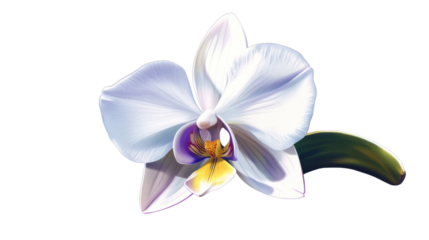 A single white orchid bloom with yellow and purple accents, isolated on a transparent background. The petals gently curve, showcasing the soft and graceful form of the flower with a natural shine.