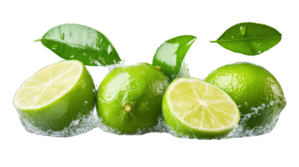 Fresh limes with leaves splashing into a splash of juice, cut out and isolated on a transparent background, with water droplets glistening around them.