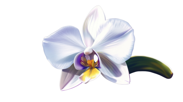 A single white orchid bloom with yellow and purple accents, isolated on a transparent background. The petals gently curve, showcasing the soft and graceful form of the flower with a natural shine.