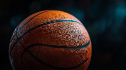 Basketball isolated on a black background, close-up of an orange leather ball with black ribbing, sports equipment for professional and recreational play, high-quality studio shot for athletic and com