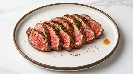 Sliced round steak plated on a stone slab and garnished
