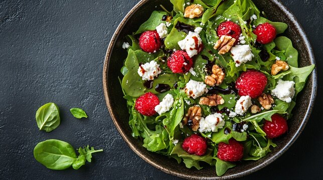A fresh green salad with raspberries and walnuts in a bowl