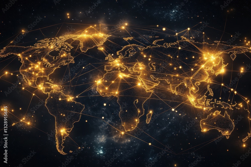 Poster illuminated world map showing global connectivity with golden lines linking cities and continents at