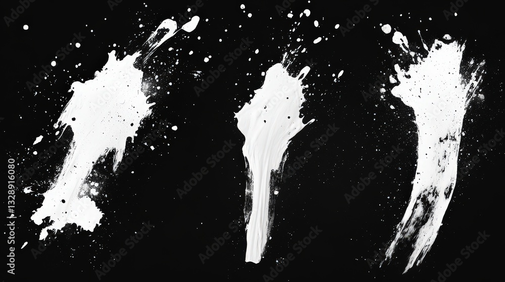 Poster abstract white paint splashes on a black background, creating a dynamic and artistic visual effect.