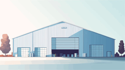 The image depicts a stylized illustration of a large, modern industrial building. The building is predominantly light gray/blue, with a simple, gabled roof.  Large roll-up doors are visible on the