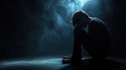 1 Sad love shayari image of a heartbroken boy sitting alone in darkness, missing his lost love