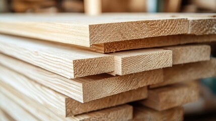 Neatly stacked planks of light wood. Ideal for construction, woodworking, or home improvement projects.
