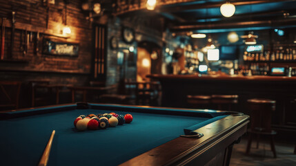 Pool table with racked balls in a dimly lit, rustic bar setting.