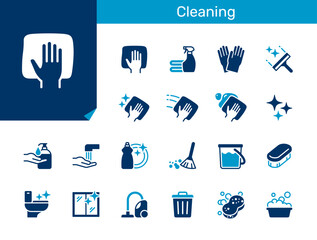 Cleaning flat icon collection for hygiene, washing, housekeeping and sanitation concept