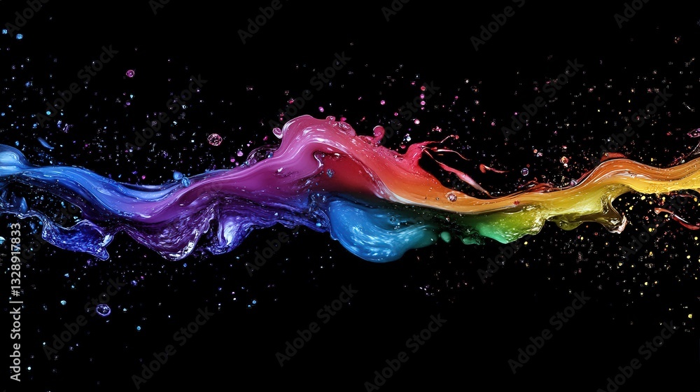 Poster a vibrant splash of multicolored paint or liquid against a dark background, creating a dynamic and l