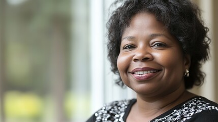 A smiling African American woman exudes warmth and confidence.
