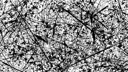 Obraz premium Dirty grunge texture on white background. Black ink blots or paint splashes, drip painting style. Vector template for banner back creative design, overlay pattern for scratched and rubbed effect.