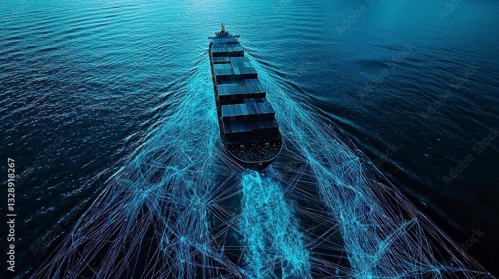 Poster vessel navigating ocean with digital network patterns