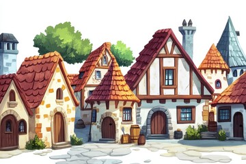 A peaceful medieval fantasy village with cobbled roads, thatched roofs, and an enchanting village square