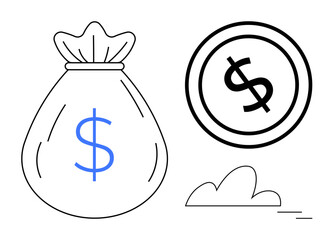 Money bag with dollar sign, circular coin, and small cloud. Ideal for finance, banking, savings, investments, budgeting, economic growth and digital transactions flat simple metaphor