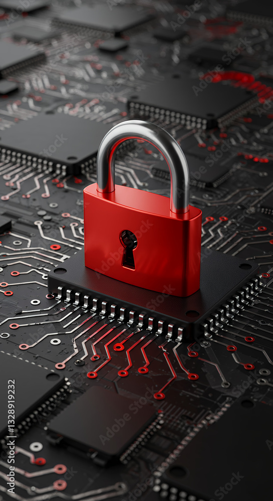 Poster cybersecurity lock: red padlock securing a black circuit board ? data protection, network security, 