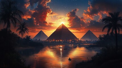 Ancient Egyptian Pyramids by the Nile River at Sunset with Palm Trees and Reflective Water
