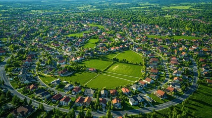 Drone view of a suburban area with undeveloped land, housing development concept. Searching vacant land for development